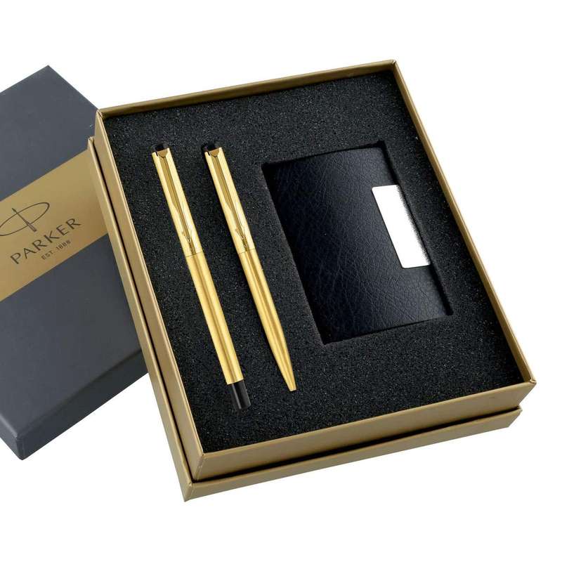 Parker Gift Set-(Parker Vector Gold Roller Ball Pen + Ball Pen With Card Holder)