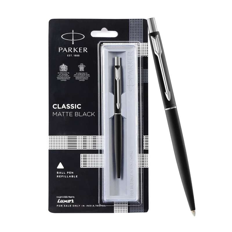 PARKER CLASSIC  SILVER AND MATTE BLACK BALL PEN -  Blue Ink -
