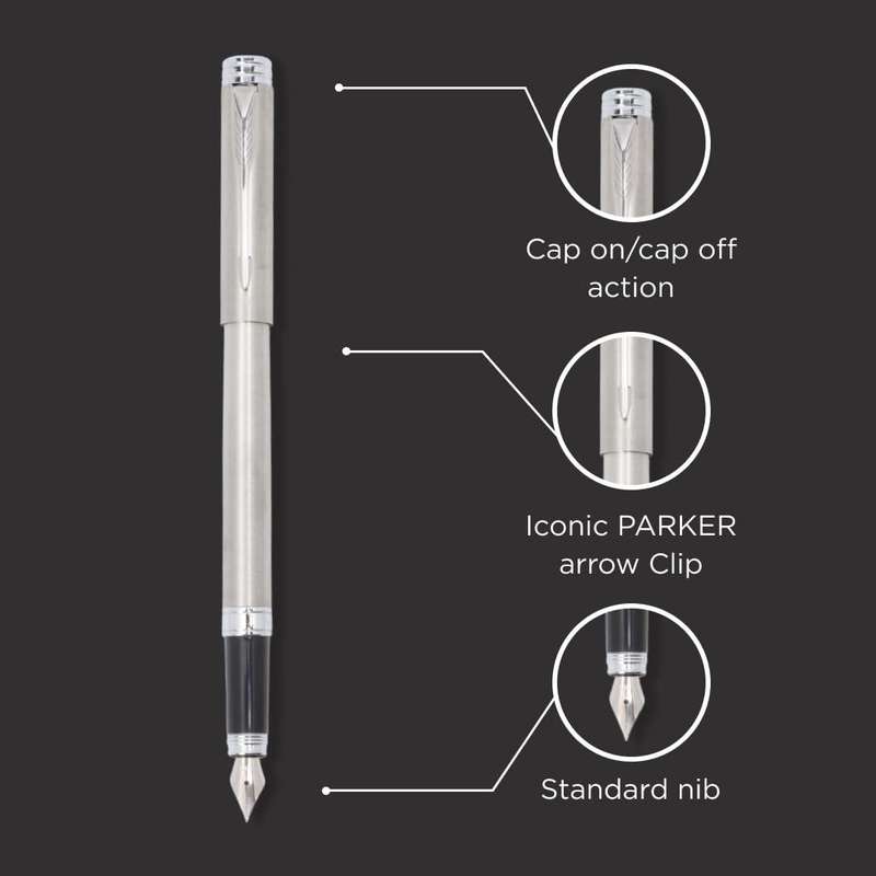 PARKER FOLIO STAINLESS STEEL CT FOUNTAIN PEN- 1 FREE BLUE INK CARTRIDGE