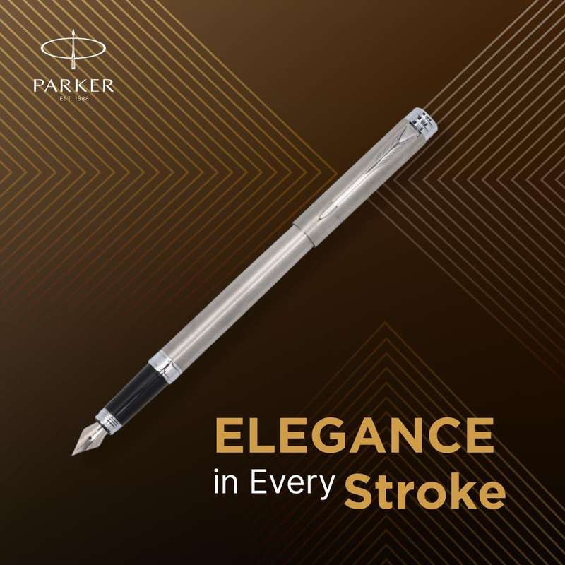 PARKER FOLIO STAINLESS STEEL CT FOUNTAIN PEN- 1 FREE BLUE INK CARTRIDGE