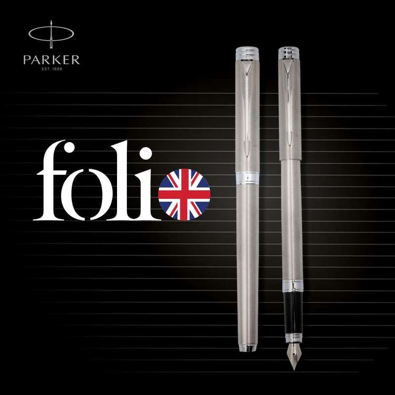 PARKER FOLIO STAINLESS STEEL CT FOUNTAIN PEN- 1 FREE BLUE INK CARTRIDGE