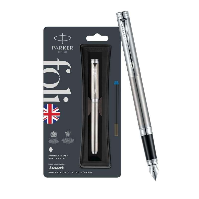 PARKER FOLIO STAINLESS STEEL CT FOUNTAIN PEN- 1 FREE BLUE INK CARTRIDGE