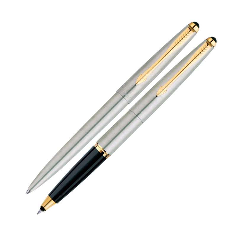 Parker Galaxy Stainless  Ball Pen & Roller Pen Set (Gold Trim) with Free Card Holder - GIFT BOX