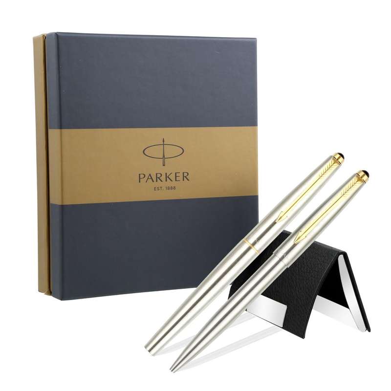 Parker Galaxy Stainless  Ball Pen & Roller Pen Set (Gold Trim) with Free Card Holder - GIFT BOX
