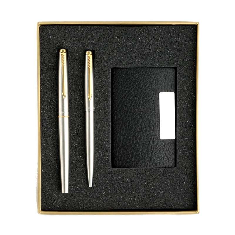 Parker Galaxy Stainless  Ball Pen & Roller Pen Set (Gold Trim) with Free Card Holder - GIFT BOX