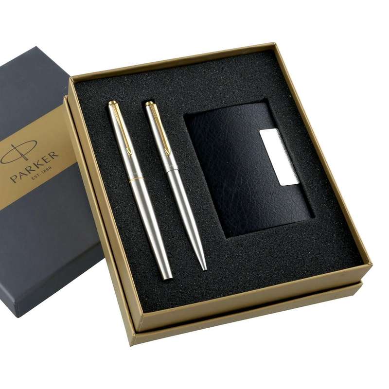 Parker Galaxy Stainless  Ball Pen & Roller Pen Set (Gold Trim) with Free Card Holder - GIFT BOX