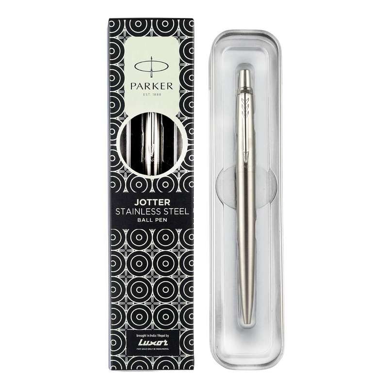 PARKER JOTTER LONDON STAINLESS STEEL GOLD AND SILVER BALL PEN- BLUE INK