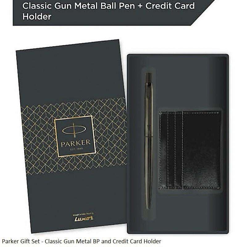 Parker Gift Set - Classic Gun Metal Ballpoint Pen and Credit Card Holder - Blue ink