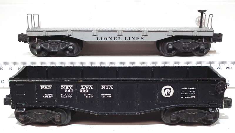 LIONEL O: Pots-War Flat Car + Pennsylvania Gondola in Fair Used condition(USA)