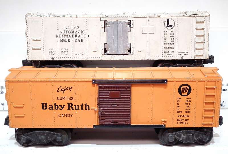 LIONEL O: Pots-War Auto Milk Car+PRR Freight Car in Fair Used condition(USA)