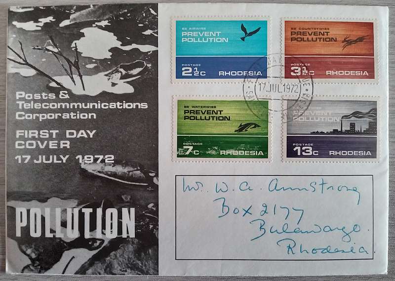 1972 Addressed Rhodesia First Day Cover. Prevent Pollution.