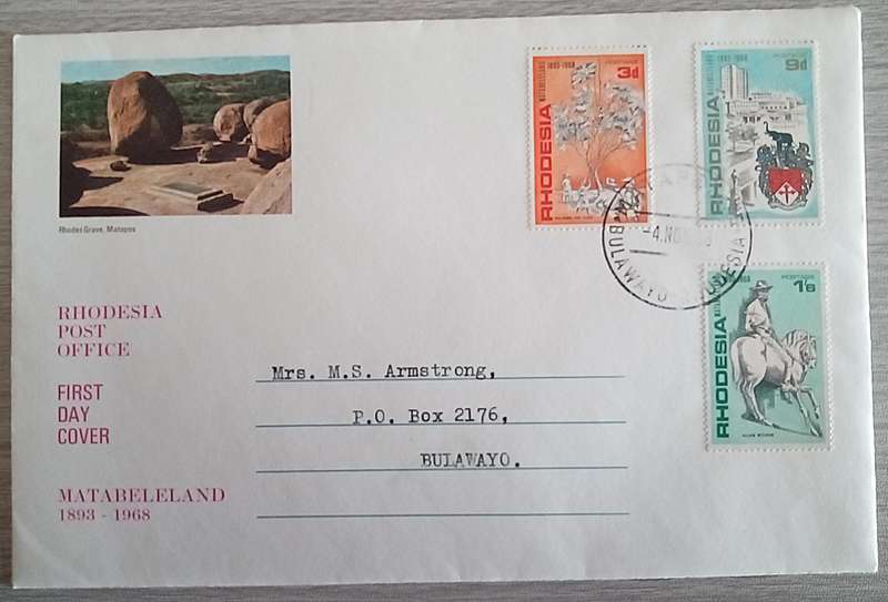 1968 Addressed Rhodesia First Day Cover. 75th Anniversary of Matabeleland.