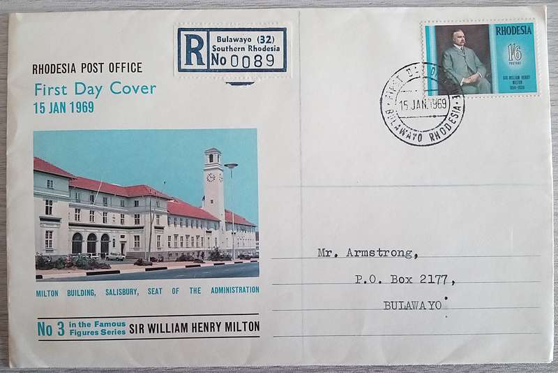 1969 Addressed Rhodesia First Day Cover. Famous Rhodesians. Sir William Henry Milton.