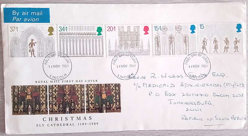 England 1989 Addressed FDC Christmas Ely Cathedral 1189-1989.