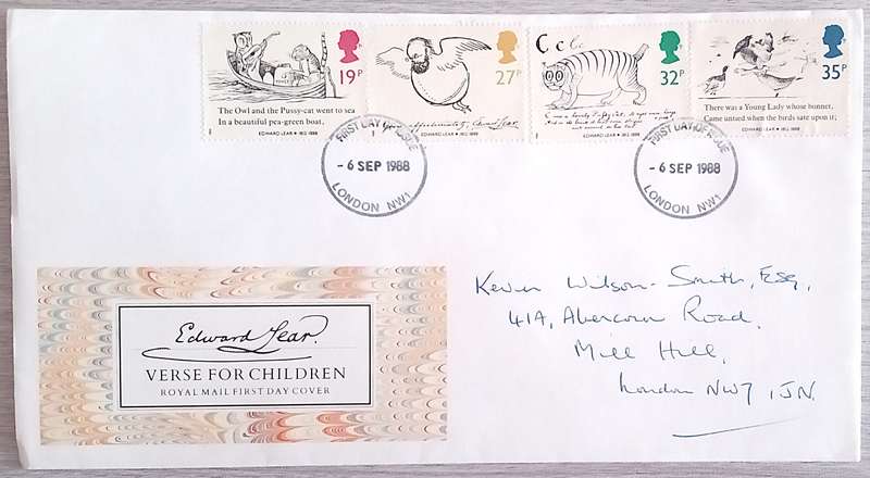 England 1988 Addressed First Day Cover Verse for Children. Nonsensical Drawings by Edward Lear