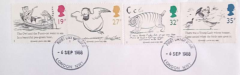 England 1988 Addressed First Day Cover Verse for Children. Nonsensical Drawings by Edward Lear