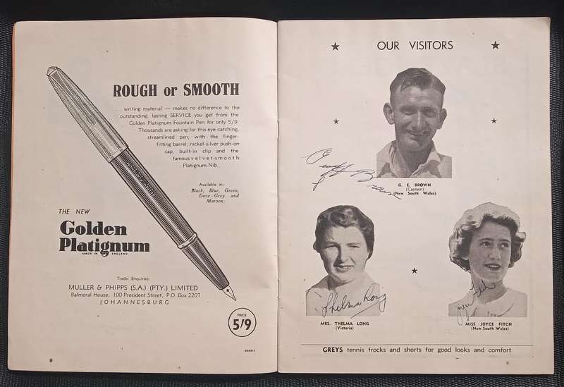 1949 Official Souvenir Australian Mixed Lawn Tennis Team South African Tour. with signatures
