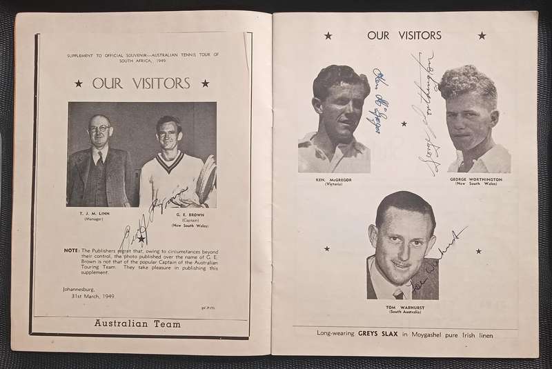1949 Official Souvenir Australian Mixed Lawn Tennis Team South African Tour. with signatures
