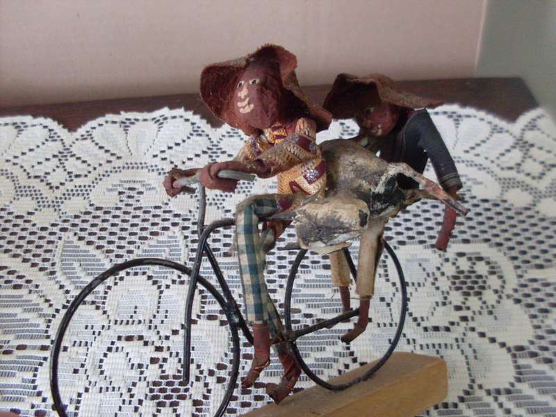 TIN CAR WITH LOVELY DETAIL AND FUNKY BICYCLE ORNAMENT