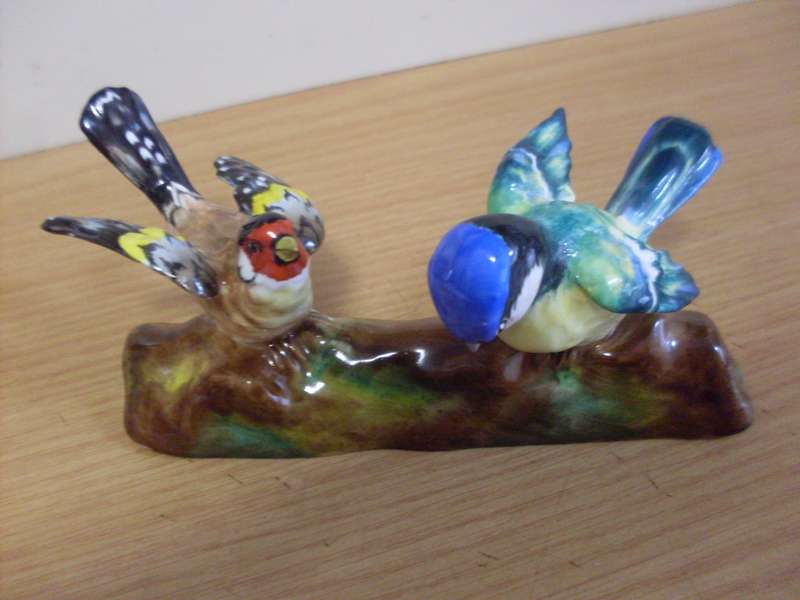 CROWN STAFFORDSHIRE PORCELAIN BIRDS  ON A LOG ...ARTIST J.T. JONES