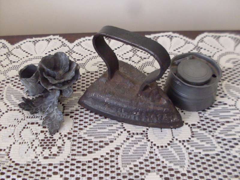 SMALL SAD IRON + 2 VINTAGE PEWTER PIECES..OLD INKWELL AND CANDLE HOLDER