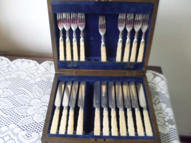 BOXED DECORATIVE VINTAGE 20 BONE HANDLE CUTLERY ..ELKINGTON & CO ON BLADES /FORKS MARKS ARE RUBBED
