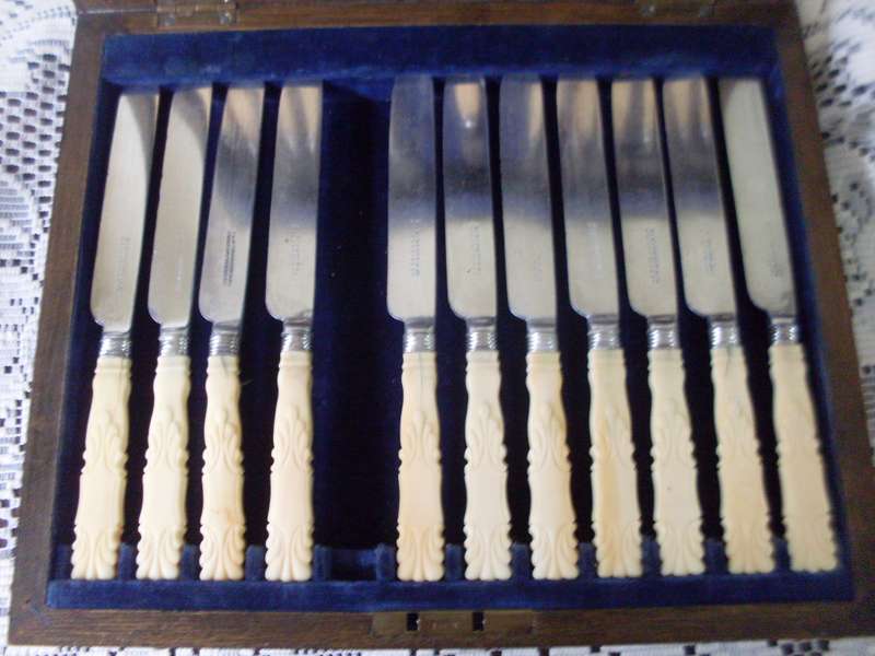 BOXED DECORATIVE VINTAGE 20 BONE HANDLE CUTLERY ..ELKINGTON & CO ON BLADES /FORKS MARKS ARE RUBBED