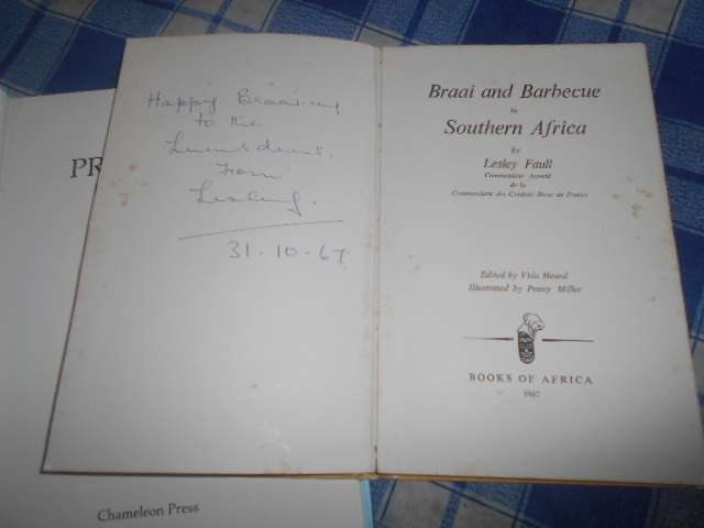 2 recipe books - Braai & Barbeque signed by author Lesley Faul 1967 & Prue Leith Best of SA