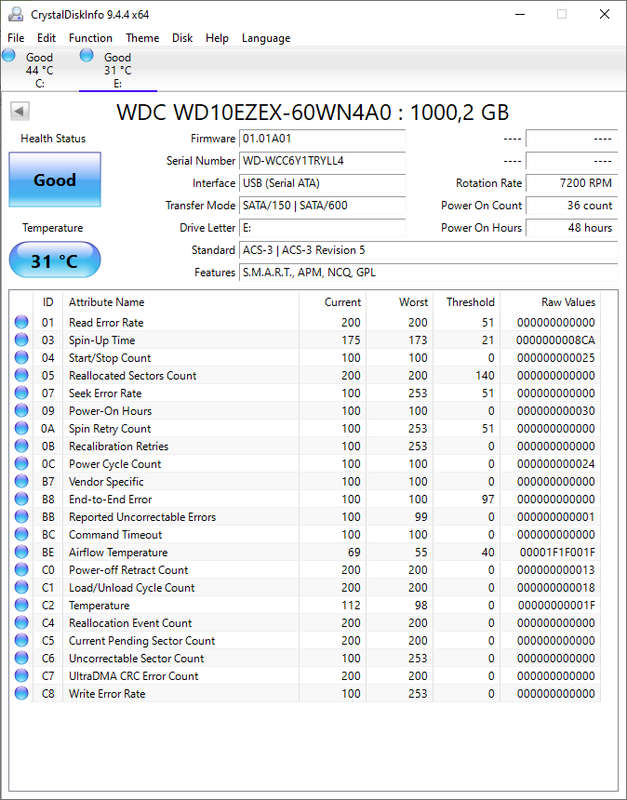 Western Digital Hard drive HDD 1TB 7200 RPM WD-WCC6Y1TRYLL4 (Power on Hours: 48 Hours)
