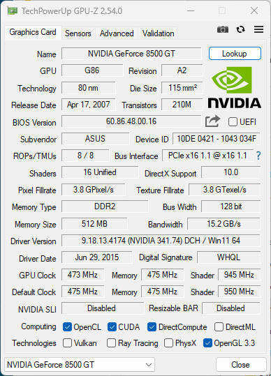 NVIDIA GeForce 8500 GT 256MB GDDR3 128 bit 30W GPU - Retro Gaming Graphics Card