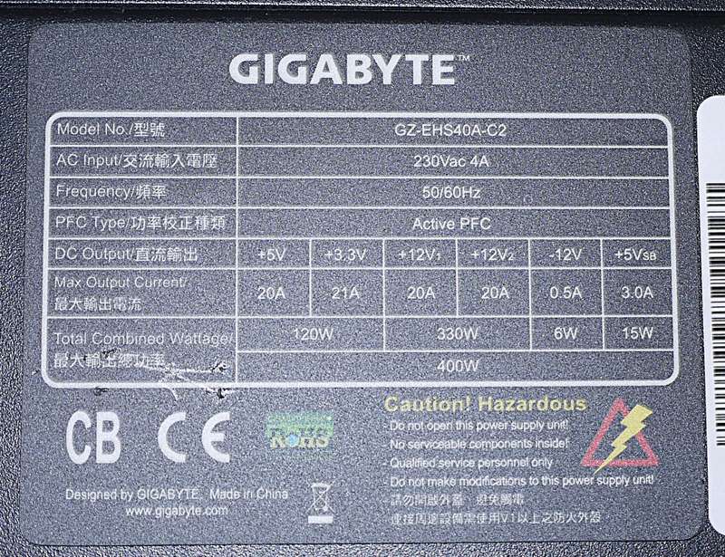 GIGABYTE 400 Watt Power Supply (24 Pin, 2 x Molex, 4 x SATA, 4+4 Pin CPU, 1 x 6+2 Pin GPU)