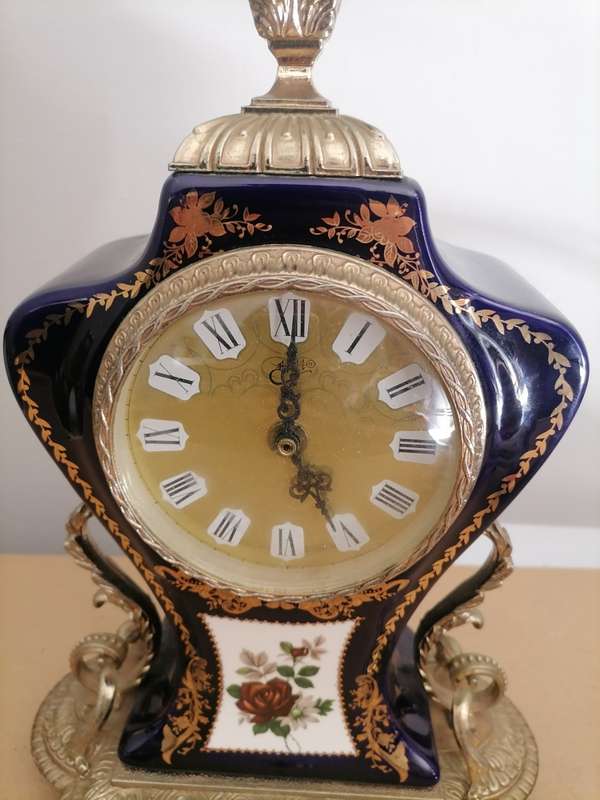 Golden Crown Gilt and Cobalt Blue Ceramic Louis Style Mantel Clock - quartz movement. Height: 35cm