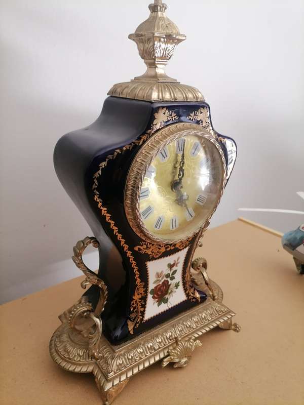 Golden Crown Gilt and Cobalt Blue Ceramic Louis Style Mantel Clock - quartz movement. Height: 35cm