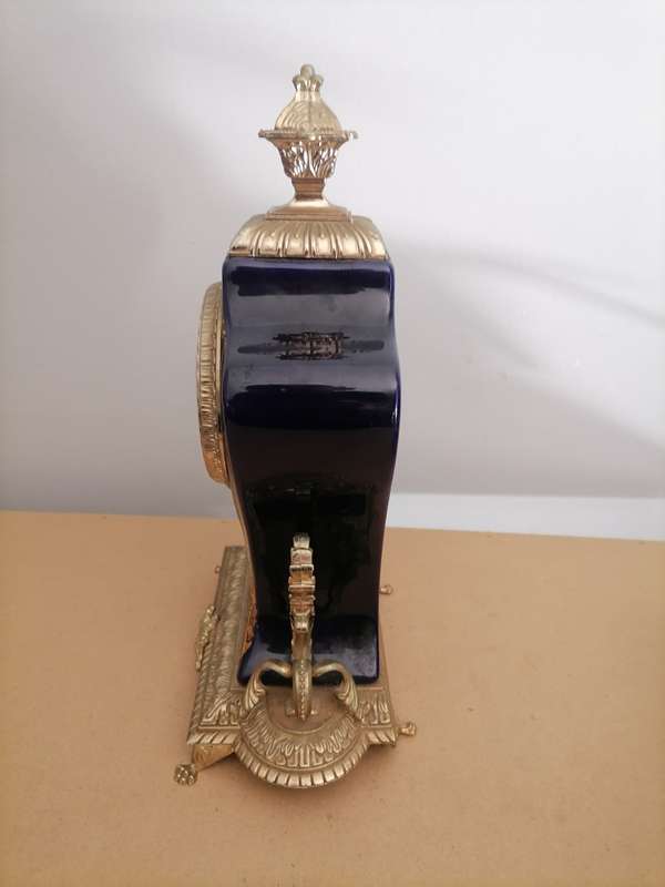 Golden Crown Gilt and Cobalt Blue Ceramic Louis Style Mantel Clock - quartz movement. Height: 35cm