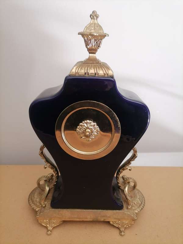Golden Crown Gilt and Cobalt Blue Ceramic Louis Style Mantel Clock - quartz movement. Height: 35cm