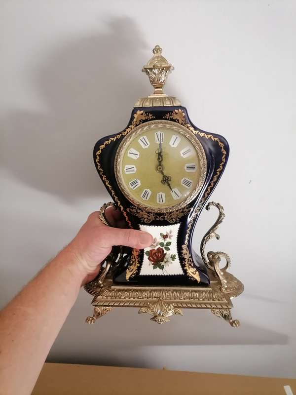 Golden Crown Gilt and Cobalt Blue Ceramic Louis Style Mantel Clock - quartz movement. Height: 35cm