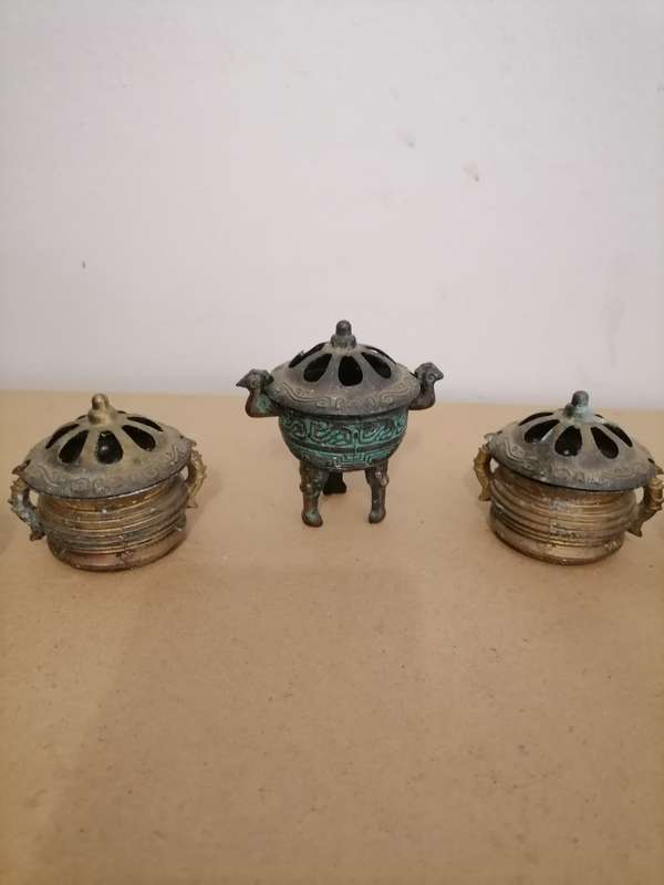 5 X Vintage mid century pewter CHINESE incense burners