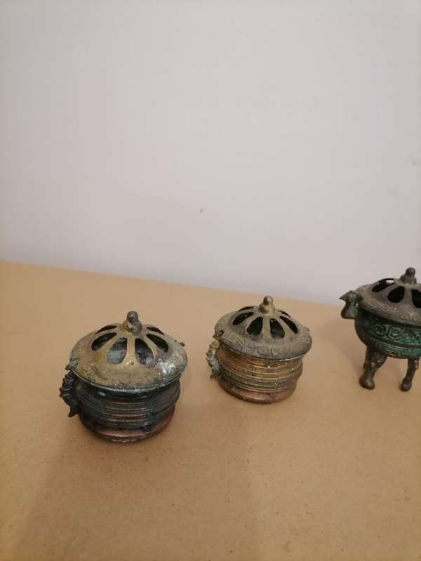 5 X Vintage mid century pewter CHINESE incense burners