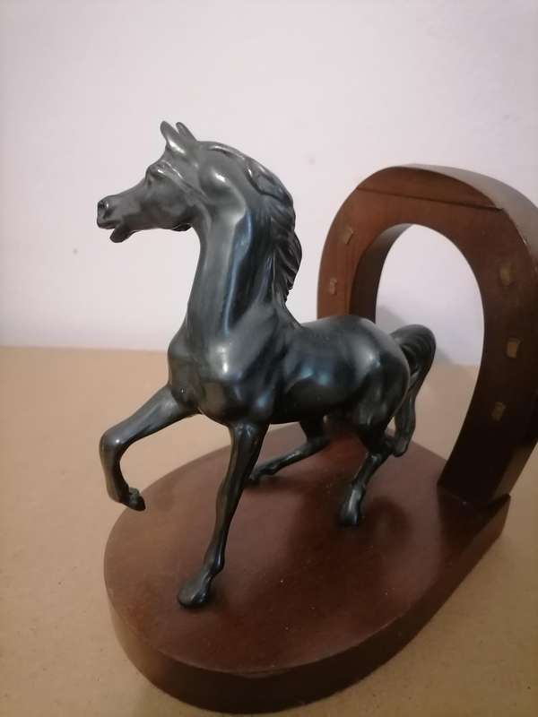 Metal Horse Spelter and imbuia Wood Bookends - AMAZING CONDITION