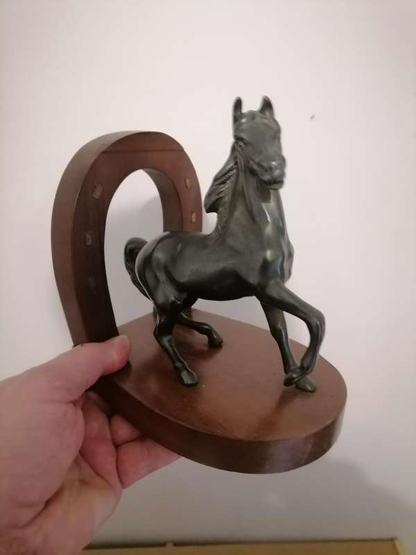 Metal Horse Spelter and imbuia Wood Bookends - AMAZING CONDITION