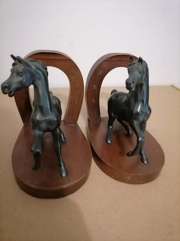 Metal Horse Spelter and imbuia Wood Bookends - AMAZING CONDITION