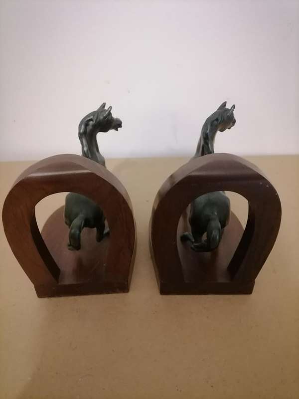 Metal Horse Spelter and imbuia Wood Bookends - AMAZING CONDITION
