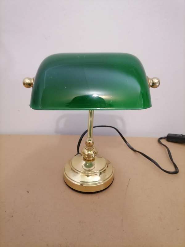 Vintage Brass Banker's Desk Lamp with Green Glass Shade - 100% WORKING