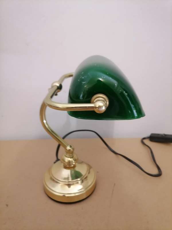 Vintage Brass Banker's Desk Lamp with Green Glass Shade - 100% WORKING
