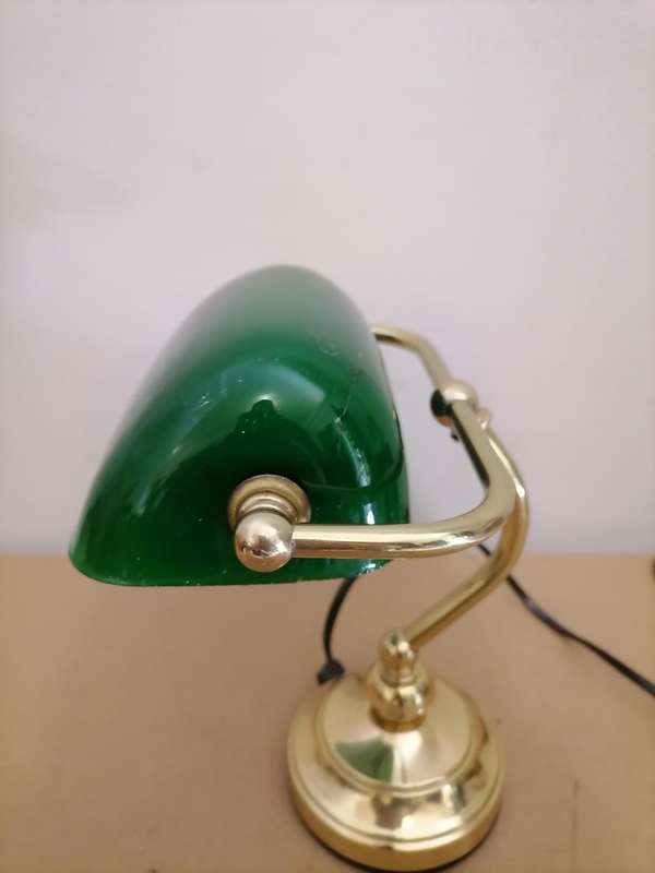 Vintage Brass Banker's Desk Lamp with Green Glass Shade - 100% WORKING