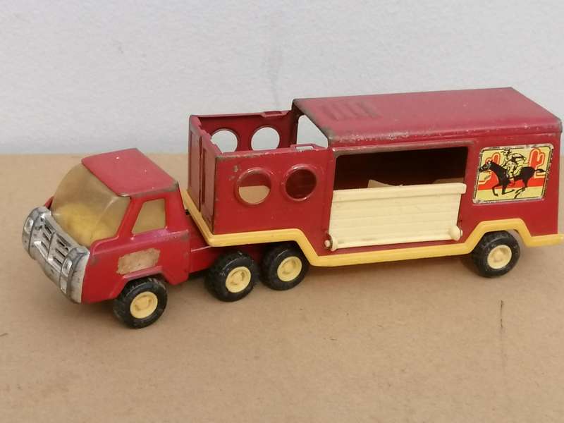 BUDDY L MACK SEMI HORSE TRAILER 1980 Vintage Pressed Steel Toy 70s 80s