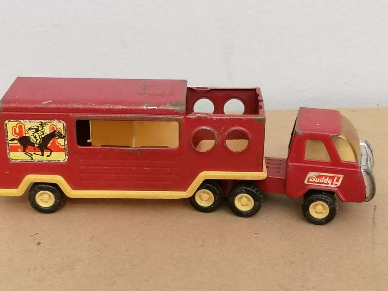 BUDDY L MACK SEMI HORSE TRAILER 1980 Vintage Pressed Steel Toy 70s 80s