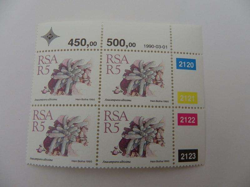 RSA 5th Definitive Series (1988) - Succulents R5.00 Mint Control Block #2120 Dated 1990-03-01