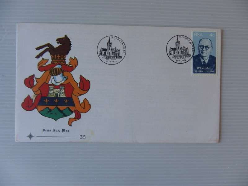 RSA 1.35 (1974) - Centenary of the Birth Of Dr DF Malan Official FDC with Green Horse Ear