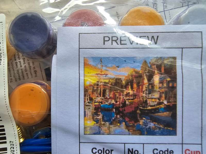 Paint By Numbers - Canvas, Paint - Boats moored, village background